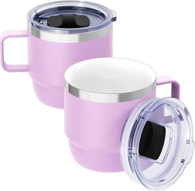 8 oz Small Coffee Mug with Magnetic Sliding Lid & Handle | Ceramic-Lined 18/8 Stainless Steel, Double-Wall Vacuum Insulated, Stackable, Dishwasher Safe, Mini Coffee/Tea Cup, 2 Pack by Cafezi