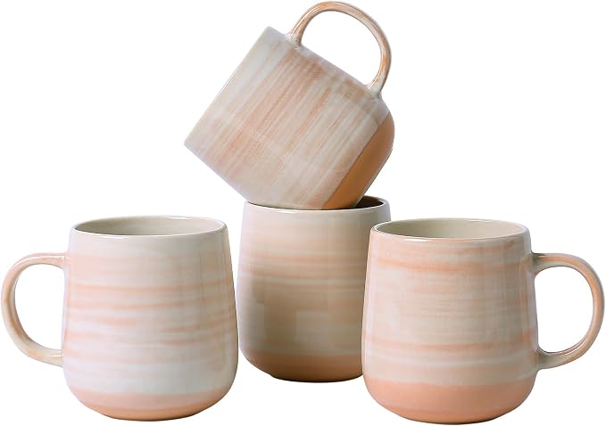 Coffee Mugs Set of 4, 12oz Stoneware Coffee Cups with Handle, Light Orange | Hand-Painted Ceramic Mugs Set for Women and Men, Dishwasher & Microwave Safe, Suitable for Hot Coffee, Tea, Cocoa, Milk by ALOFMO