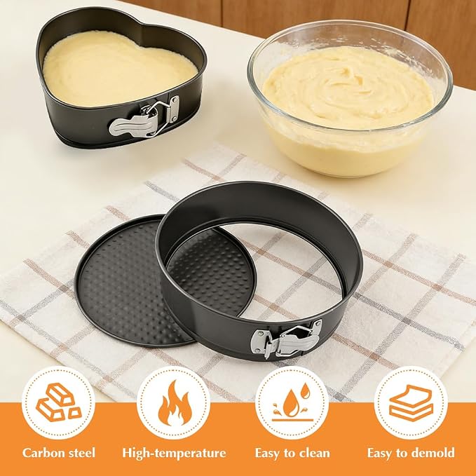Set of 3 Springform Cake Tins Heavy Duty, Double Layer Non-Stick Coating, Removable Base, Heavy Duty Carbon Steel, Perfect for Frozen Desserts - Oven Safe Bakeware (Square Round Heart) - Image 6