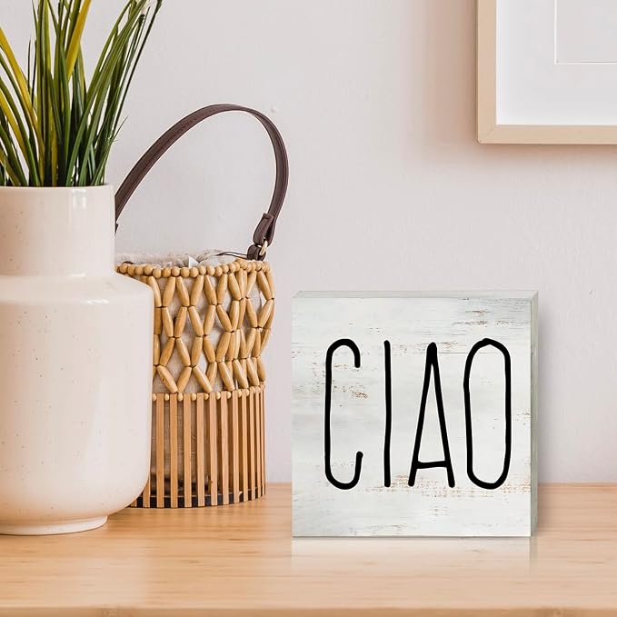 Ciao Wood Box Sign, Rustic Italian Hello Wooden Box Sign Block Plaque for Wall Tabletop Desk Home Decoration - Image 5