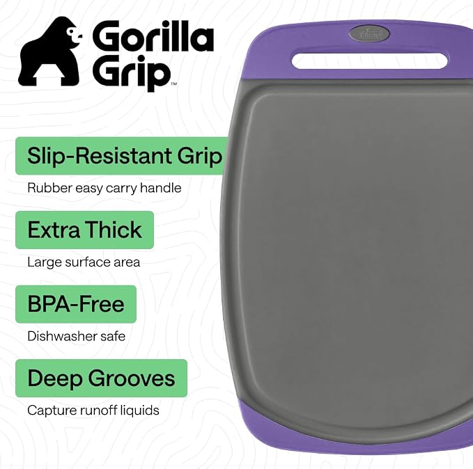 GORILLA GRIP BPA-Free Reversible Kitchen Cutting Board Set of 3, US Designed, Nonporous, Juice Grooves Catch Liquid, Slip Resistant Border, Dishwasher Safe, Durable Food Chopping Boards, Gray Purple - Image 2
