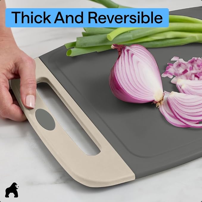 GORILLA GRIP BPA-Free Reversible Kitchen Cutting Board Set of 3, US Designed, Nonporous, Juice Grooves Catch Liquid, Slip Resistant Border, Dishwasher Safe, Durable Food Chopping Boards, Gray Almond - Image 7