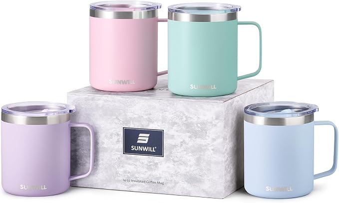 SUNWILL Travel Coffee Mugs Set of 4, Insulated Tumbler with Lid, 14 oz Stainless Steel Cup with Handle Bulk for Gift, Camping, Office, Powder Coated Orchid, Iceberg, Mint, Sakura by SUNWILL