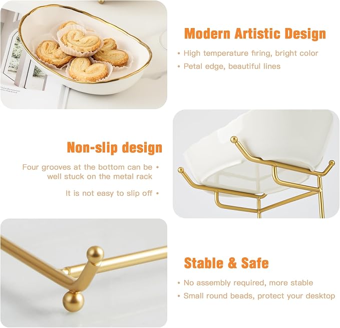 Ceramic Fruit Bowl for Kitchen Counter - 3 Tier Fruit Basket with Metal Stand, Tiered Fruit Stand for Countertop, Snack, Nuts, Cake, Dessert, Cute (Gold-rimmed, Small) - Image 4