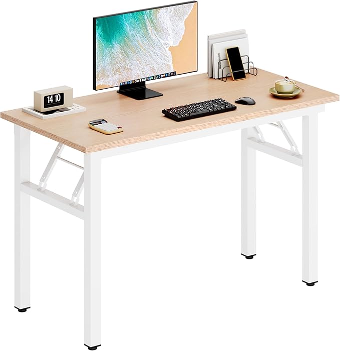 DlandHome 39.4 Inch Small Folding Computer Desk for Home Office, Pink Oak | Foldable Writing Table for Small Spaces Bedroom, No Assembly Required, Wood Top Metal Frame, Collapsible Compact Easy Storage by DlandHome