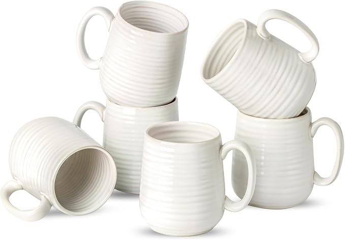 Coffee Mugs, 15 Ounce Coffee Cups Set of 6, Ceramic Tea Cups for Latte Milk Cappuccino Cocoa Mocha, Creamy White Mugs with Handle for Mom and Dad as Gifts, Dishwasher & Microwave Safe by JINGUS