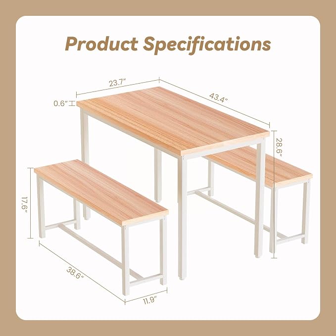 Recaceik Dining Table Set for 4 Kitchen Dining Room Set with 2 Dinner Benches, Farmhouse Breakfast Table for Apartment Small Space, Easy Assembly - Image 4