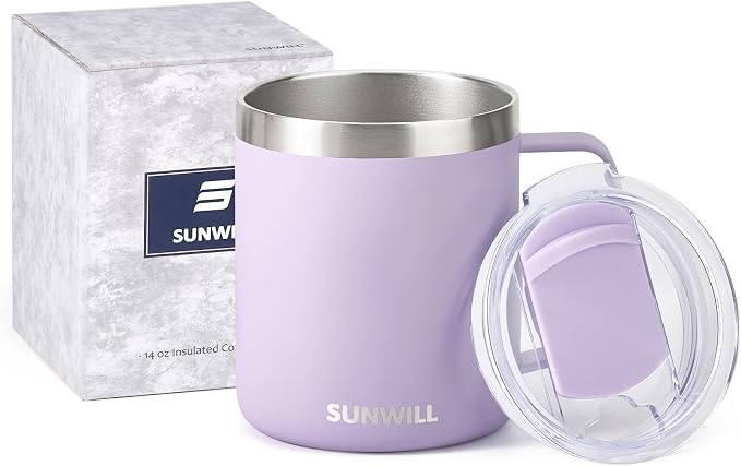 SUNWILL Travel Coffee Mug with Lid, Insulated Tumbler with Handle, 14 oz Stainless Steel Cup for Home, Office, Camping, Powder Coated Orchid - Image 5