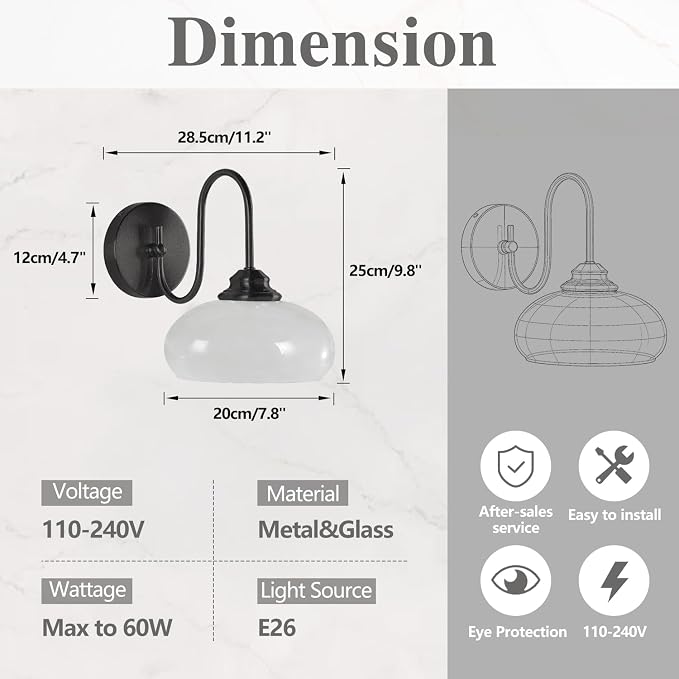 Modern Matte Black Wall Sconce Farmhouse 7.9" Milk White Glass Globe Wall Lamp for Industrial Style Hard-Wired Semi Flush Mount Wall Light Fixture for Stairway, Hallway, Bedroom - Image 2