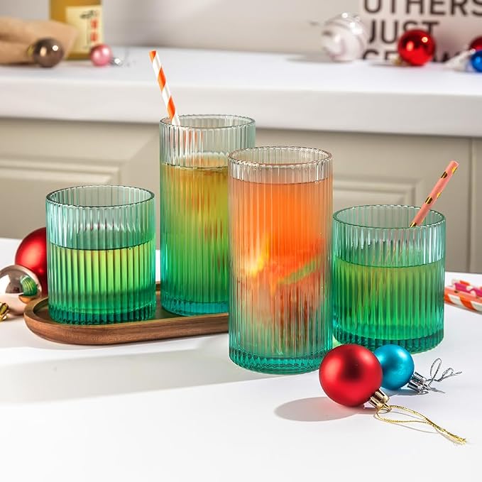 Ribbed Drinking Glasses 8pcs, 12oz and 10oz Glassware, Tumbler Glasses Cup Set for Wedding, Party, Christmas Gift, Green - Image 2