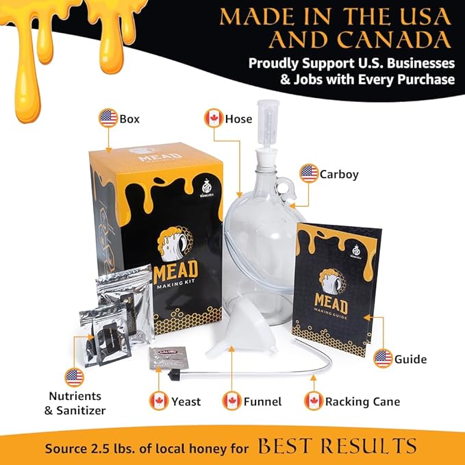 Honey Mead Making Kit with Yeast and Starter Home Brew Accessories, Reusable, Step-by-Step Brewing Process, 1 Gallon, Made in the USA