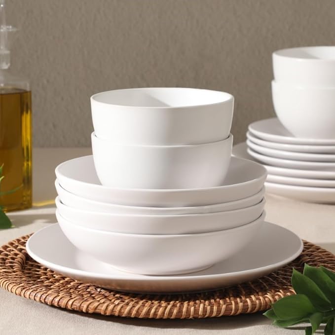 Gibson Home Queenslane 16 Piece Plates and Bowls Dishes Stoneware Ceramic Dinnerware Sets - Matte White - Image 5