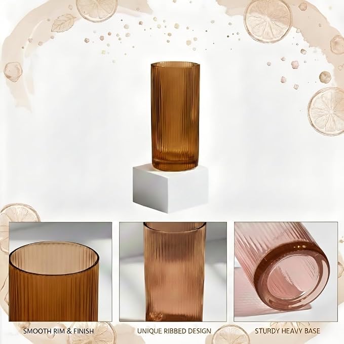 Physkoa Brown Ribbed Drinking Glasses Set of 6 – Vintage Embossed Highball Glassware, Thick Durable Tumbler Cups for Water, Juice, Cocktails, Iced Coffee, Kitchen Bar Gift Set - Image 4