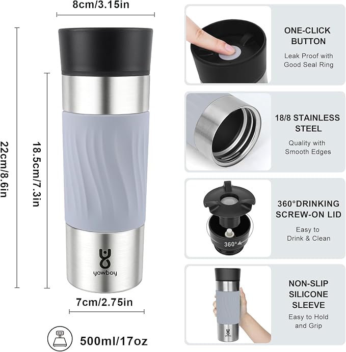 Travel Coffee Mug with 360°Lid, Travel Coffee Tumbler 16 oz Leak Proof, Stainless Steel Insulated Travel Mugs for Hot and Cold Spill Proof Leak Proof(Grey) - Image 5