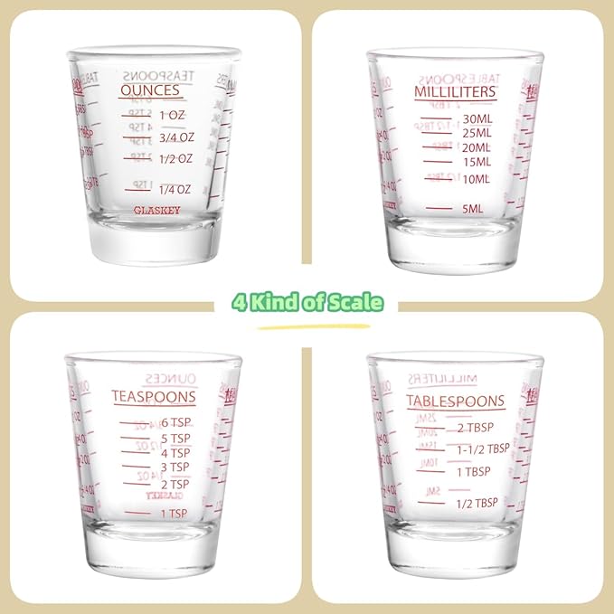 GLASKEY 2 Pack Shot Glasses Measuring Cup,Espresso Shot Glass with 4 Kind of Scale (OZ/ML/TSP/TBSP),Dishwasher Safe,Perfect for Coffee,Cocktails and Kitchen Use (Red)