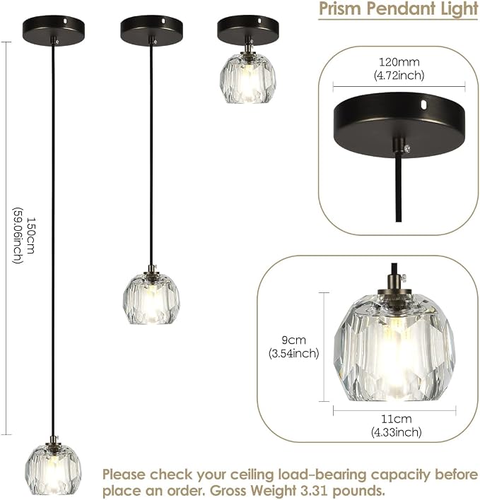Modern Pendant Light Fixture, Prism Crystal Small Pendant Light for Kitchen Island, Black Crystal Single Pendant Lighting for Dining Room Bedroom - Image 2