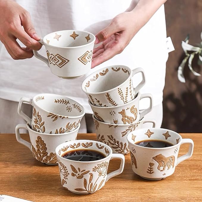 Small Ceramic Mug 1 pc, 11oz - Vintage Coffee Mug, Pottery Cups for Milk, Latte, Cappuccino, Tea - Handmade Porcelain Dishwasher, Microwave Safe Stoneware Gift for Women Men, Brown Leaf - Image 4