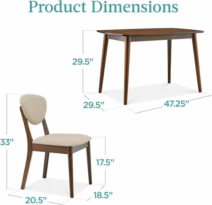 Best Choice Products 5-Piece Dining Set, Compact Mid-Century Modern Table & Chair Set for Home, Apartment w/ 4 Chairs, Padded Seats & Backrests, Wooden Frame - Walnut/Oatmeal - Image 7