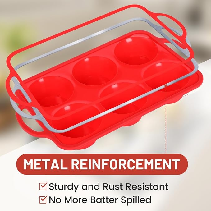 CAKETIME Jumbo Muffin Pan, 3.5 Inch Large Muffin Pan with Metal Reinforced Frame 6 Cup Silicone Jumbo Cupcake Pans for Baking Easy to Handle 2 Pack Red - Image 2