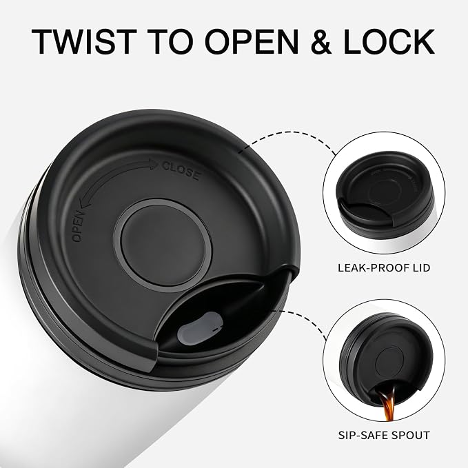 16 oz Travel Coffee Mug with Twist-Open Lid, Leak Proof Coffee Travel Mug, Insulated Tumbler Stainless Steel Coffee Cup For Hot And Iced Cold, Spill Proof Fits Cup Holder (White) - Image 2