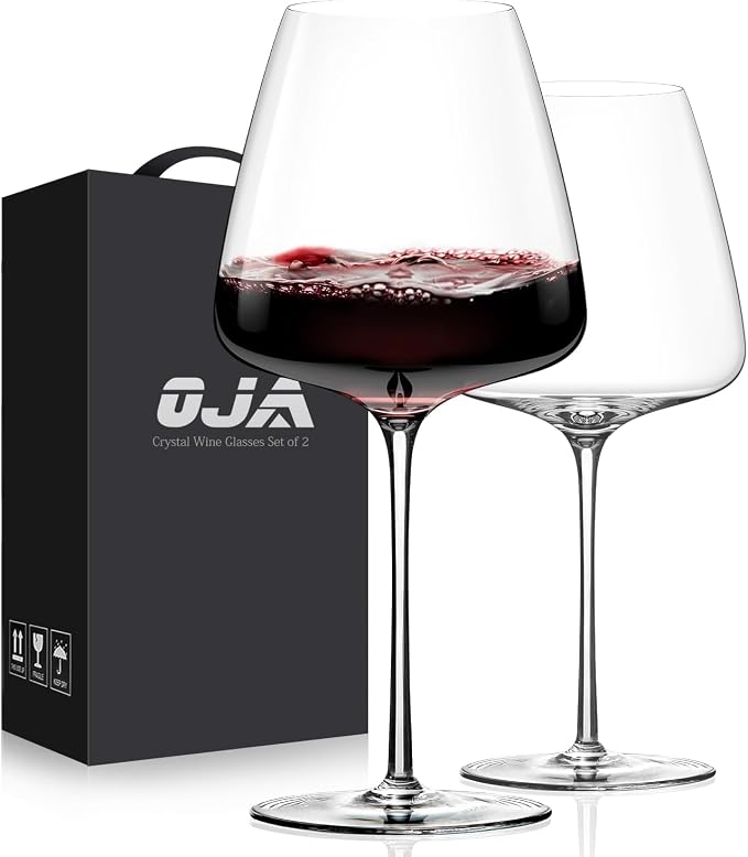 OJA Wine Glasses Set, Crystal Hand Blown Red Wine Glass Set of 2, 23 oz | Long Stem, Unique Large Design, Best for Wine tasting, Birthday, Christmas, Anniversary by oja