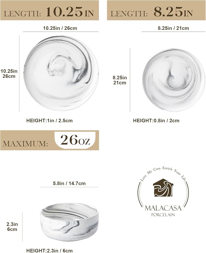 MALACASA 12 Pcs Porcelain Plates and Bowls Sets,Dinnerware Set for 4,Grey | Modern Ceramic Dishware Set,Kitchen Dining Ware,Microwave and Dishwasher Safe,Unique Marble Grey Design,Series LUNA - Image 2