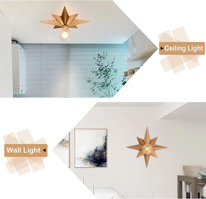 16 inch Flush Mount Ceiling Light, Gold Star Light Fixture, Farmhouse Star Ceiling Light, Vintage Flush Lighting Ceiling for Hallway, Entryway, Study, Bedroom, Stair, Foyer, Kitchen, Bathroom - Metal - Image 4