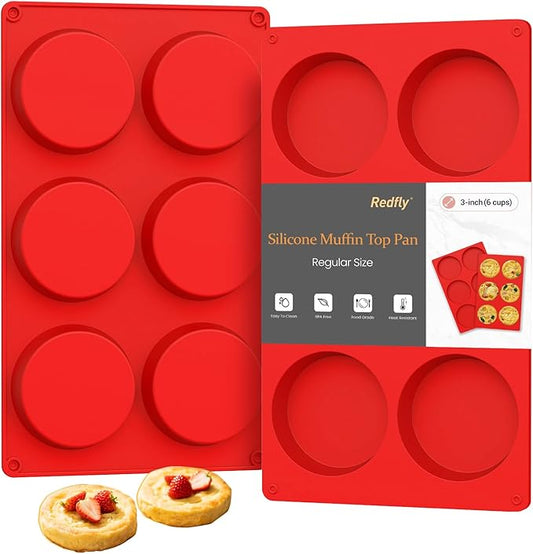 Redfly Silicone Egg Molds for Breakfast Sandwiches 2 Pcs, Non Stick 3 Inch Egg Bites Baking Pans, Silicone Muffin Pans for Baking, Round Muffin Top Pan for Whoopie Pie Pan, Tarts, Quiche