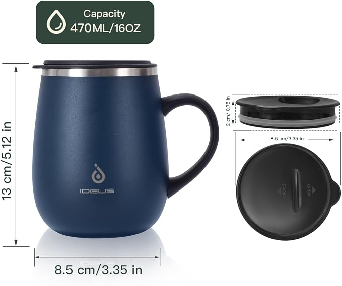 Ideus 16 oz Insulated Coffee Mug with Handle and Lid, Double Wall Stainless Steel Vacuum Thermal Coffee Mug, Travel Coffee Cup Thermal Cup for Home and Office, Navy Blue - Image 3