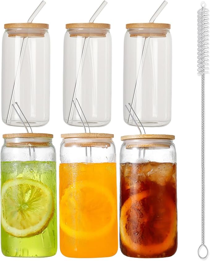Castuvy Drinking Glasses with Bamboo Lids and Glass Straw, 16 Oz Glass Cups for Coffe, Beer, Cute Tumbler Cup for Soda Boba Tea Cocktail, coming 2 Cleaning Brushes, Pack of 6