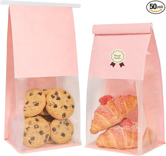 Funcoo 50 Bakery Bags with Window, 5.1x3.9x11 Inches Paper Bread Bags, Tin Tie Tab Lock Cookie Bags Food Storage Bag for Snacks, Popcorn, Candies, 60 pcs Stickers Included by FUNCOO