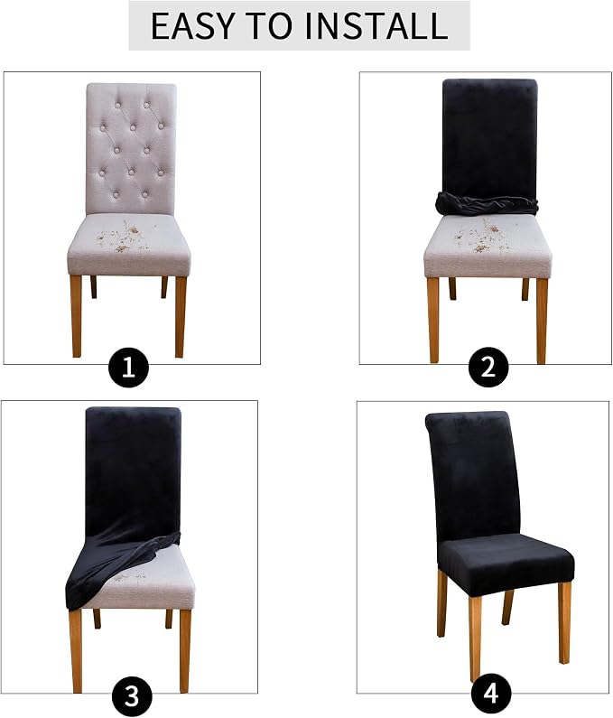 FORCHEER Velvet Chair Covers for Dining Chairs 4 Pack Black Stretch Kitchen Chair Slipcovers Washable Removable - Image 4