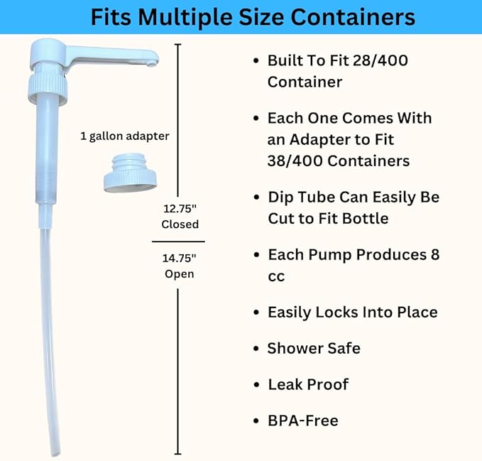 Dual Fitting Pump Dispenser for Gallon Jugs and Smaller Bottles (8cc Each Pump/Fits 28-400 and 38-400) Leak Proof for Household and Commercial Use, Plastic Pump for 1 Gallon Jug - BPA Free (2-Pack)