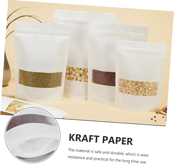 PRETYZOOM 50pcs Kraft Paper Stand Pouch Window for Snack Packaging Resealable Food Bags for Storing Cookies Nuts and Candy -sealing Design Airtight - Image 4
