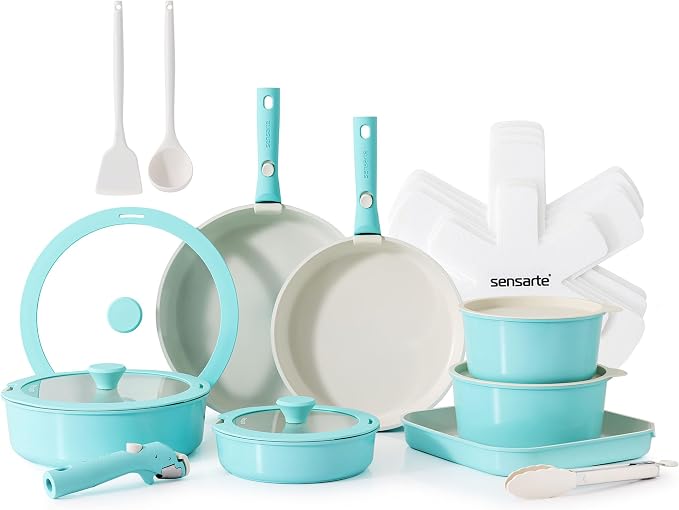 SENSARTE 24 Piece Ceramic Detachable Handle Pots and Pans Set Turquoise | Ceramic Cookware Set, Induction Cookware Set with Removable Handle, Healthy Non Stick for RV, Dishwasher ＆ Oven Safe by SENSARTE