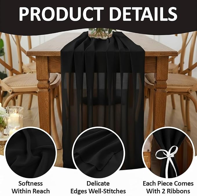Pack of 5 | Black |14ft Chiffon Table Runner 29x170 Inches Long Romantic Rustic Sheer Gauze Runner for Wedding Bridal Shower Birthday Banquets Engagement Spring Easter Boho Decorations - Image 5