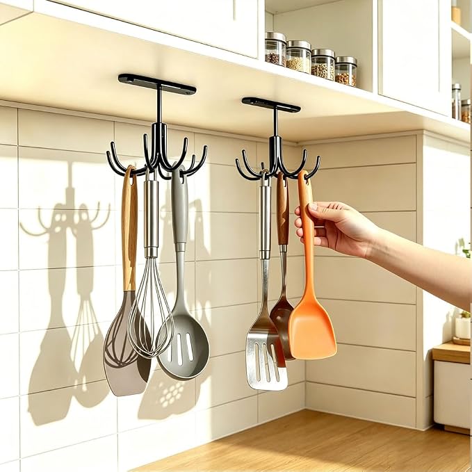 Metal Under Cabinet Kitchen Utensil Hooks,360° Rotating Kitchen Utensil Rack with 8 Hooks,Drilling Free Adhesive Utensils Hanging Rack for Tools/Towel/Knife (Black) by EigPluy