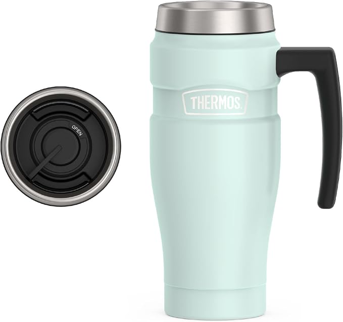 THERMOS Stainless King Vacuum-Insulated Travel Mug with Handle - 16oz, Matte Light Blue Tumbler for Hot & Cold Drinks - Leak & Sweat-Proof Stainless Steel Coffee Mug with Lid for Commuting by Thermos