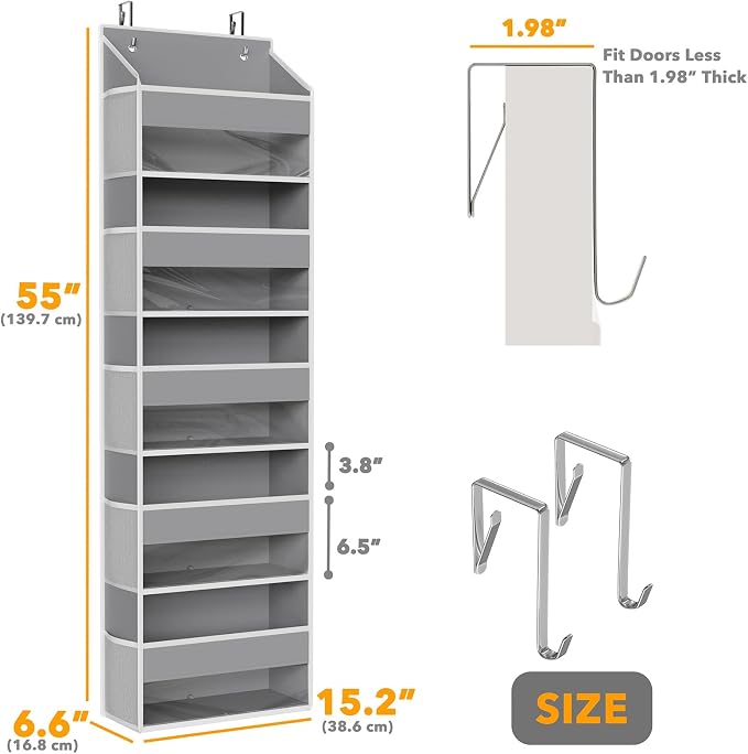 SpaceAid 2 Pack Over The Door Organizer with 5 Large Pockets and 10 Mesh Side Pockets, 5 Layers Door Organizer Hanging with Clear Window for Bedroom, Bathroom, Pantry and Nursery, Gray - Image 2