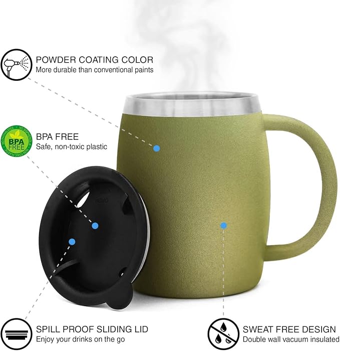 Stainless Steel Insulated Coffee Mugs Set of 2 (14oz) – Double Wall Coffee Cups With Spill Resistant Lid & Strong Handle, Shatterproof Cups for Cold Drinks, Hot Beverages, Indoor & Outdoor Use - Image 2