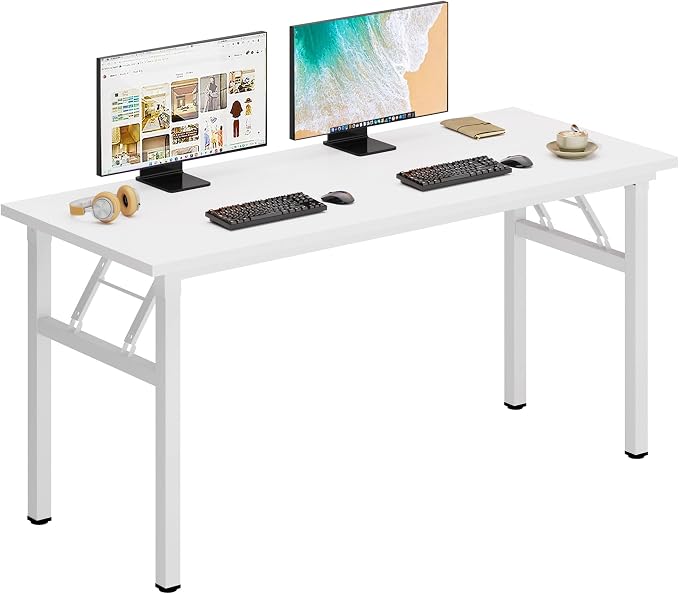 DlandHome 54.3 Inch Large Folding Computer Desk, Fully Assembled, White | Foldable Writing Table, Portable Activity Conference Table for Home Office, Wood Top Metal Frame, Collapsible Easy Storage by DlandHome