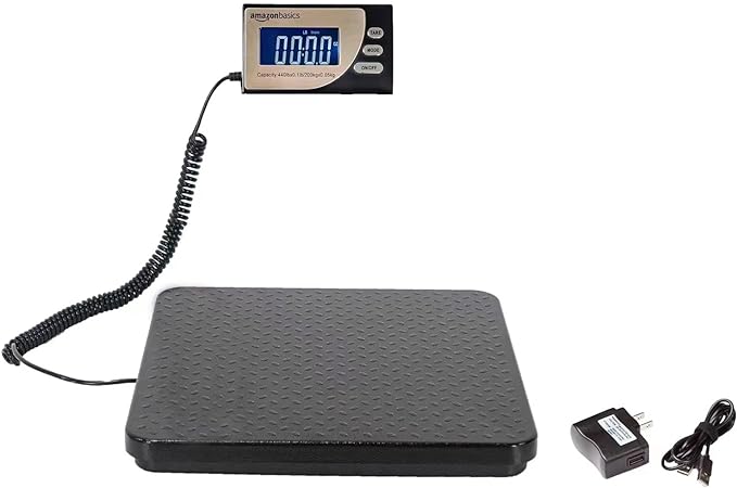 Amazon Basics Digital Postal Scale, Heavy Duty, Aluminium Platform, 440 lb Capacity, 1 Ounce Readability, Black