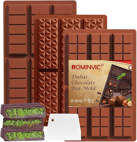 Dubai Chocolate Mold 3 Pack,0.5 Inch Deep Large and Thick Silicone Chocolate Bar Molds for Stuffed Bar,Big Chocolate Candy Bar Mold for Filling Knafeh Pistachio Chocolate Bar Kit