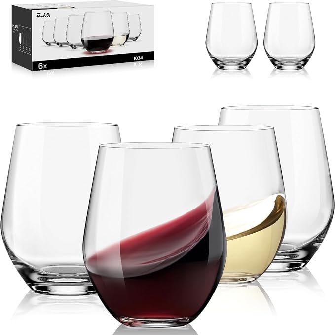 OJA Wine Glasses Set, Crystal Stemless Red Wine Glass, Set of 6, 15 oz | No Stem, Clear, Sturdy Drinking Glass for White Wine, Daily Use, Birthday, Wedding, Home Party, Anniversary, Shower Gift by oja