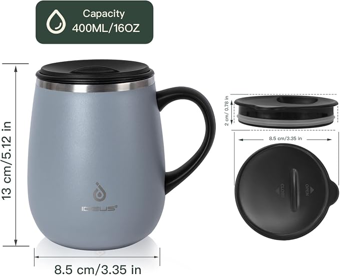 Ideus 16 oz (470 ml) Insulated Coffee Mug with Handle and Lid, Double Wall Stainless Steel Vacuum Thermal Coffee Mug, Travel Coffee Cup Thermal Cup for Home and Office (Ultimate Gray) - Image 4