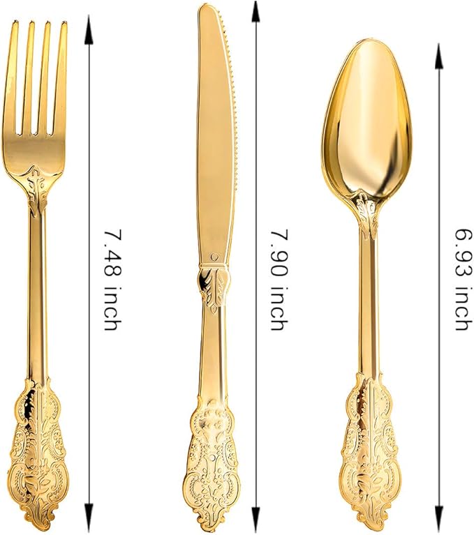 N9R 120PCS Gold Plastic Silverware, Vintage Disposable Utensils & Cutlery | 40 Fancy Forks, Spoons, Knives, Heavy Duty, BPA-Free, for Party, Weddings, Birthday & Holiday - Image 2