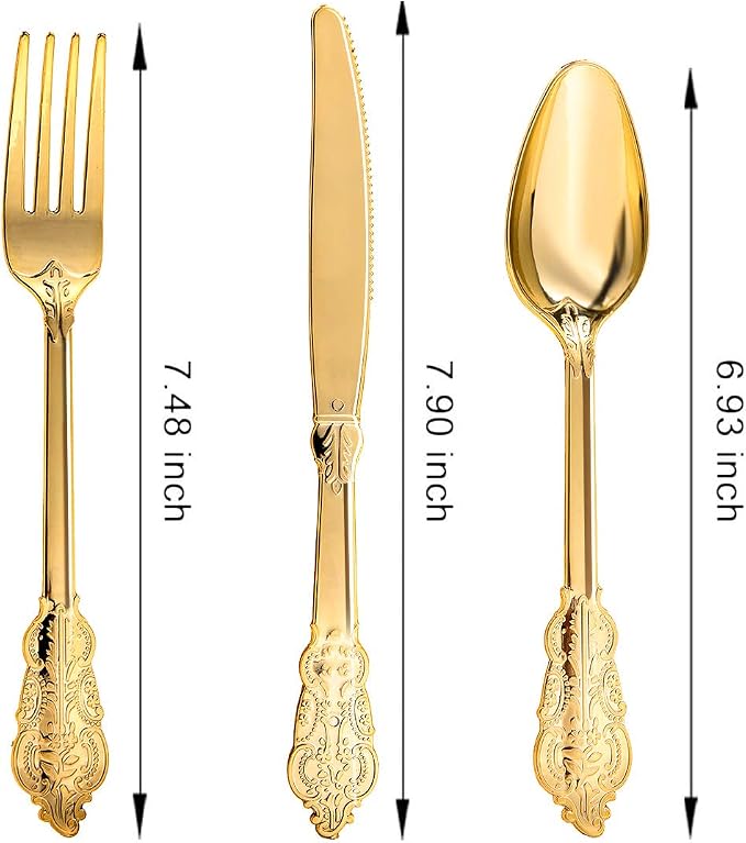 N9R 300pcs Gold Plastic Silverware Dinnerware Flatware- Heavyweight Plastic Cutlery Set, 100 Forks, 100 Spoons, 100 Knives, Gold Utensils for Party, Thanksgiving, Christmas | 100 Fancy Forks, Spoons, Knives, Heavy Duty, BPA-Free, for Party, Weddings, B... - Image 2