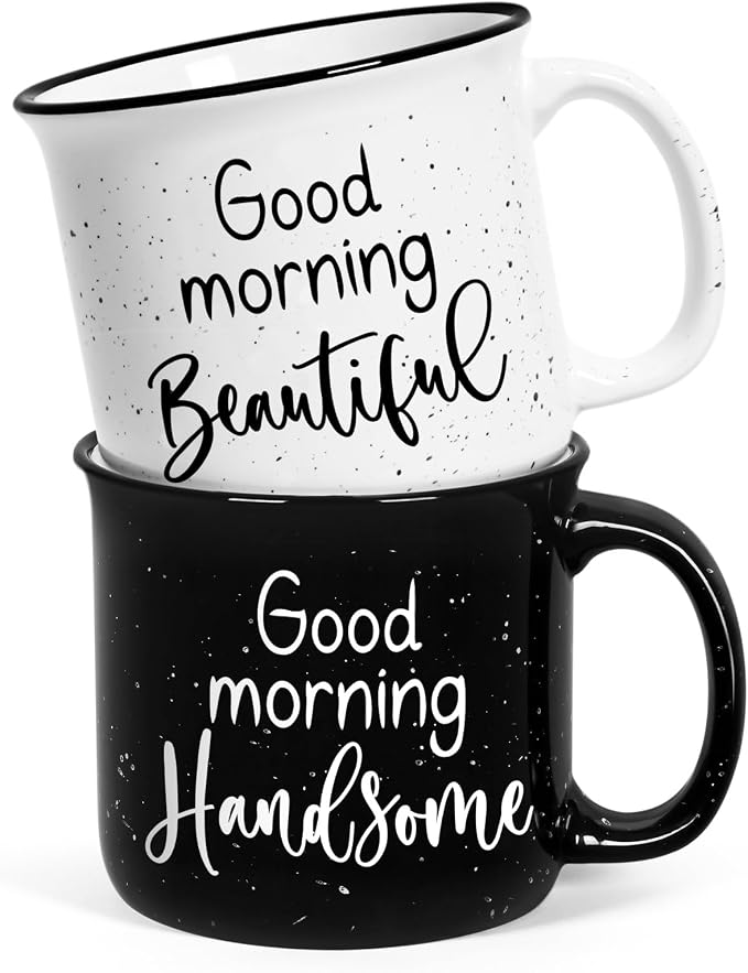 YHRJWN His and Hers Gifts, Good Morning Beautiful & Handsome Coffee Mug, Couple Gift for Him and Her, Couple Mugs for Mr and Mrs, Newlyweds Couples Gifts for Wedding Anniversary, 15 Oz by Wefocusoncoffeemugs