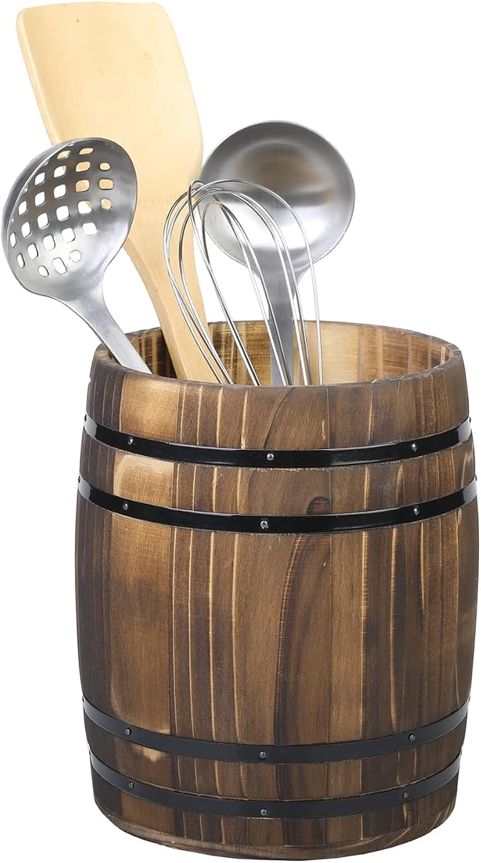 MyGift Wine Barrel Design Kitchen Utensil Crock, Vintage Rustic Burnt Wood Cooking Tool Holder | Vintage Farmhouse Style Cooking Tool Storage Holder for spatulas, spoons, whisks, and accessories, Countertop Organizer by MyGiftHome