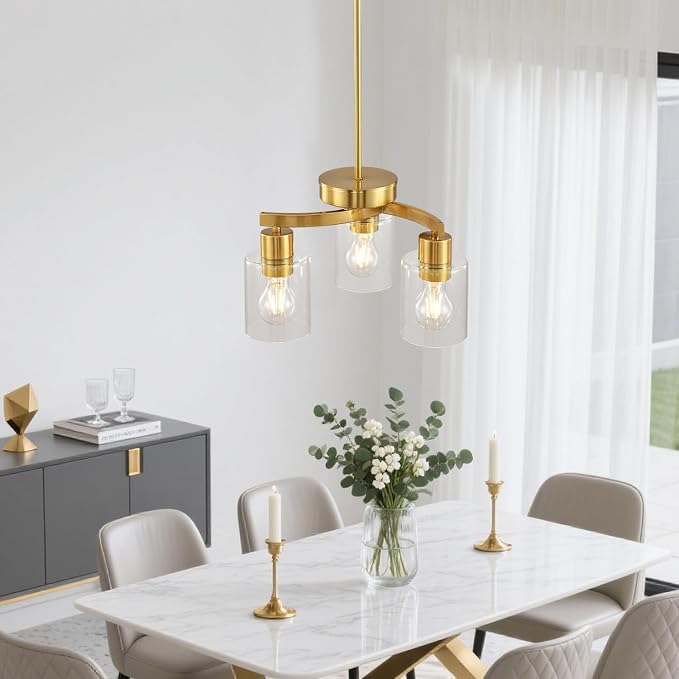 3 Light Brass Gold Dining Room Chandelier, Modern Industrial Pendant Light for Kitchen Island, Adjustable Height Hanging Ceiling Light Fixture with Clear Glass Shades,E26 Base,Dimmable - Image 8